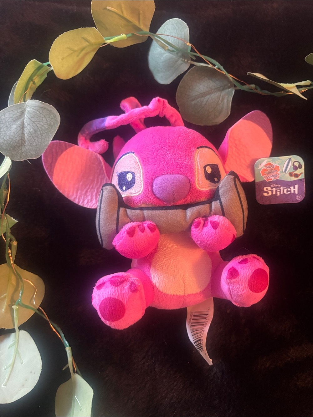 Disney Pink Stitch Plush Keychain with Playful Grin